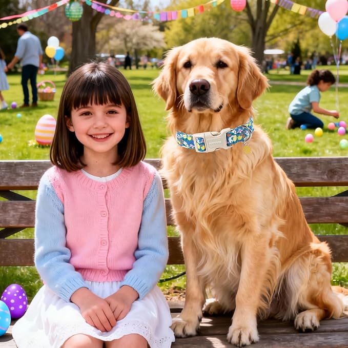 DOGWONG Easter Dog Collar-Cute Green Easter Bunny Dog Collar, Easter Egg Collars Puppy Collar Gifts with Quick Release Buckle for Girl&Boy Dogs,XL