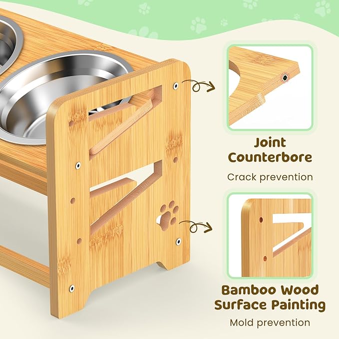Elevated Dog Bowls, 4 Height Adjustable Raised Dog Bowl Stand with 2 Stainless Steel Bowls for Large, Medium and Small Dogs and Cats, 11" High Bamboo Pet Food Feeder