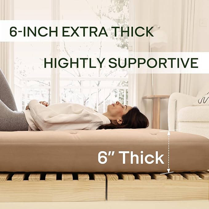 ZonLi Japanese Floor Futon Mattress Queen Size 60"x 80",100% Cotton Cover 6'' Thicken Tatami Mattress,Foldable Sleeping Pad,Portable Dormitory Tatami Mat,Roll Up Floor Lounger Bed for Adult (Khaki)