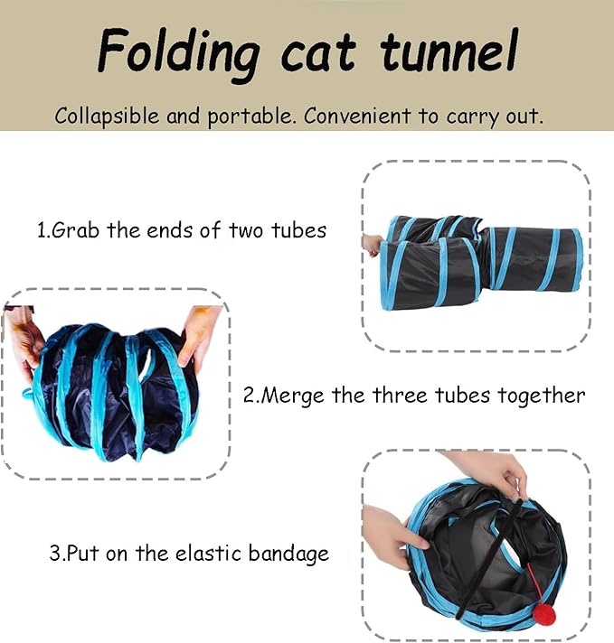 Cat Tunnel Tube Toy Collapsible 3 Way Black Blue, Pet Tunnels for Indoor Cats, Play Tubes with Hanging ball Perfect for Kitten, Puppy, Rabbit, Interactive Toys for Fun Playtime & Exercise