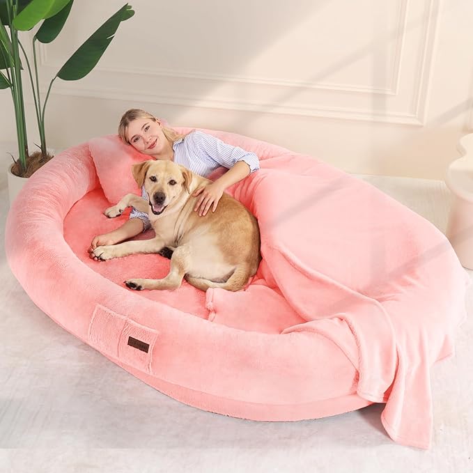 Human Dog Bed for Adults, 73"x56"x12" Washable Orthopedic Size, Faux Fur Removable, Cozy Large Present with Blanket and Pillow, Pink