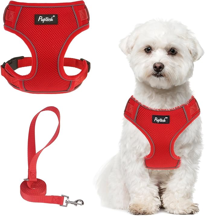 PUPTECK Small Dog Harness and Leash Set, No Pull Adjustable Puppy Cat Harness, Reflective Soft Mesh Pet Vest Small Sized, Red, M