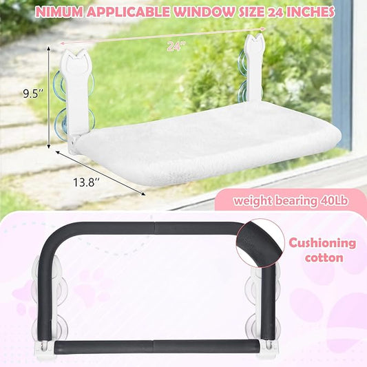 2 Pack Cat Window Perch,Cat Window Hammock Cordless Foldable Window Bed with 4 Large Strong Suction Cup,Reversible Cushion Cover,Metal Frame Easy to Adjust Window Seat Holds up to 40lbs(White，M