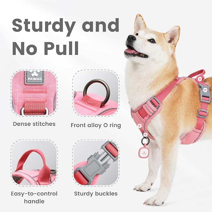 Pawaii No Pull Dog Harness with Pet ID Tag,Reflective Strips No Choke Front O Ring Breathable Mesh Adjustable Soft Padded Pet Vest with Easy Control Handle for Large Dogs