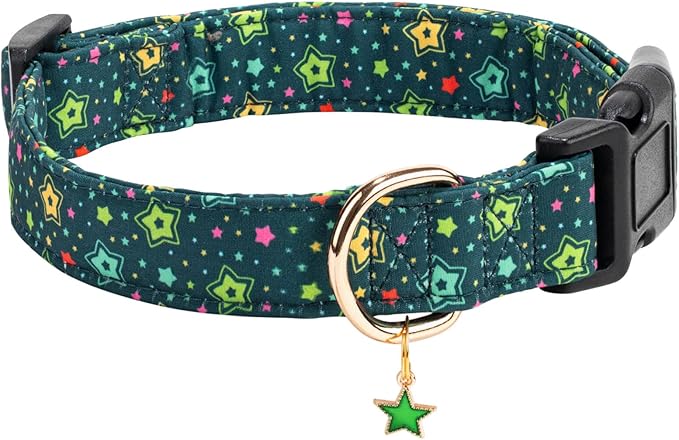 Cotton Dog Collar,Adjustable Cute Puppy Collar with Moon Patterned Design for Small Medium Large Dogs,Soft and Fancy Pet Collar with Safety Buckle for Girl Boy Dogs (Green Star, L)