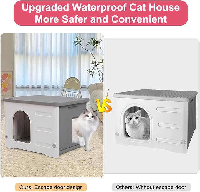 Rockever Plastic Cat House Outdoor with Escape Door, Waterproof Feral Cat House Outdoor Indoor, Sturdy Cat House for Outdoor Cats with Cat Bed Mat, Assemble Easily-Grey
