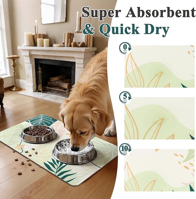 Topotdor Boho Dog Food Mat for Floors, Absorbent Quick-Dry Cat Pet Feeding Mat, Non-Slip Dog Bowl Mat for Food and Water, Pet Placemat for Dogs, Cats, Puppy Accessories, 12"x20", Green