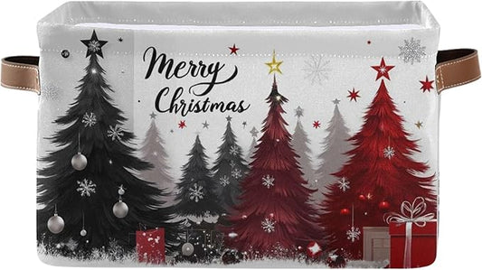 Christmas Tree Storage Basket with Waterproof Liner and PU Handles Xmas Winter Gray Black Red Snowflake Storage Bins Boxes 14.2" Collapsible Decorative Baskets for Bedroom Closet Office 1 Pack