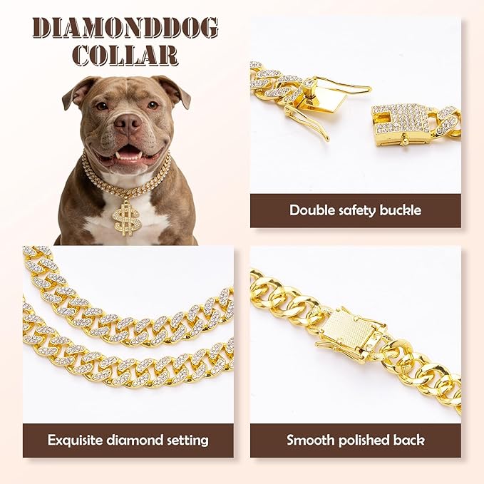 Evoolyn Dog Collar Diamond Gold Plated Cuban Link Chain Glitter Necklace with Dollar Pendant Matching Pet Owner Styles Available Hip Hop Pet Accessories for Dog & Cat (Gold, 50cm)