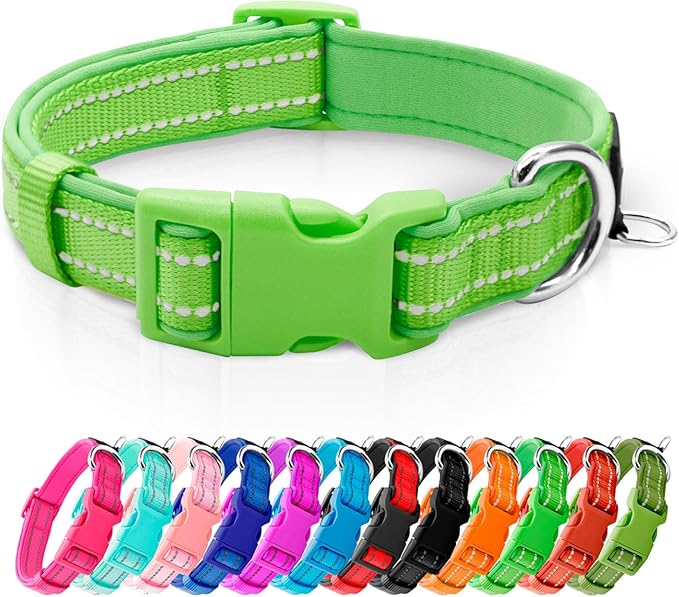 azuza Reflective Dog Collar, Soft Neoprene Padded Pet Collar with ID Tag Ring, Adjustable for Puppy and Small Dogs,Green,XS
