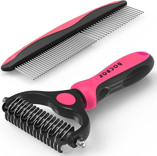 Pet Grooming Brush & Comb Combo, Cat & Dog Brush for Shedding & Dematting, Undercoat Rake for Long-haired Pets, Pink