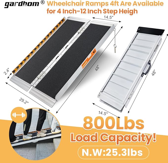 Wheelchair Ramp 4FT, gardhom 800 Lbs Aluminum Portable Folding Handicap Ramp Wheel Chair Ramp for Home Steps Threshold Doorways Stairs Curbs Scooter