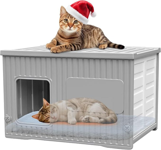 Waterproof Outdoor Cat House with Soft Mat, Plastic Cat Houses for Outdoor Cats Feral Cat House, Sturdy Cat Bed for Small Pet, Spacious, Assemble Easily-Grey