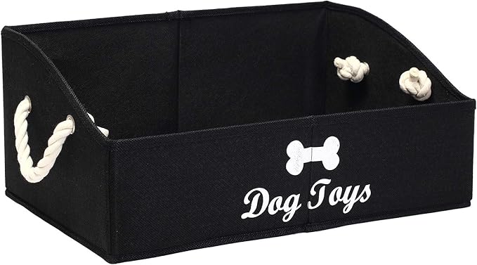 Geyecete Large Dog Toys Storage Bins - Foldable linen Trapezoid Organizer Boxes with weave Rope Handle, Collapsible Basket for Shelves (Black-DOG)