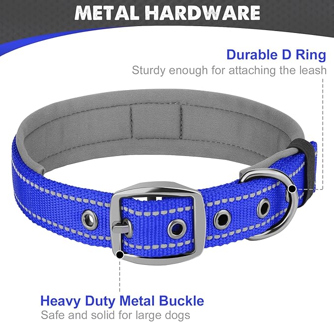 Joytale Dog Collar for Large Dogs, Neoprene Padded and Adjustable, Reflective Wide Heavy Duty Pet Collars with Durable Metal Belt Buckle for Walking, Navy Blue, L