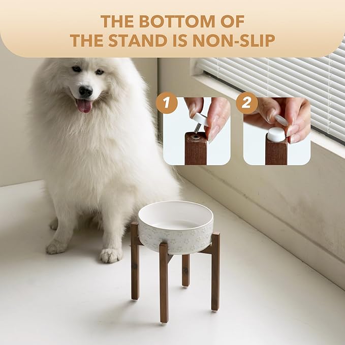 8.2inch Ceramic Raised Dog Bowl Set, Elevated Dog Bowl with Acacia Wood Stand, Food and Water Bowl for Large Breed Dogs, Weighted Pet Dishes(60oz, Arctic White)