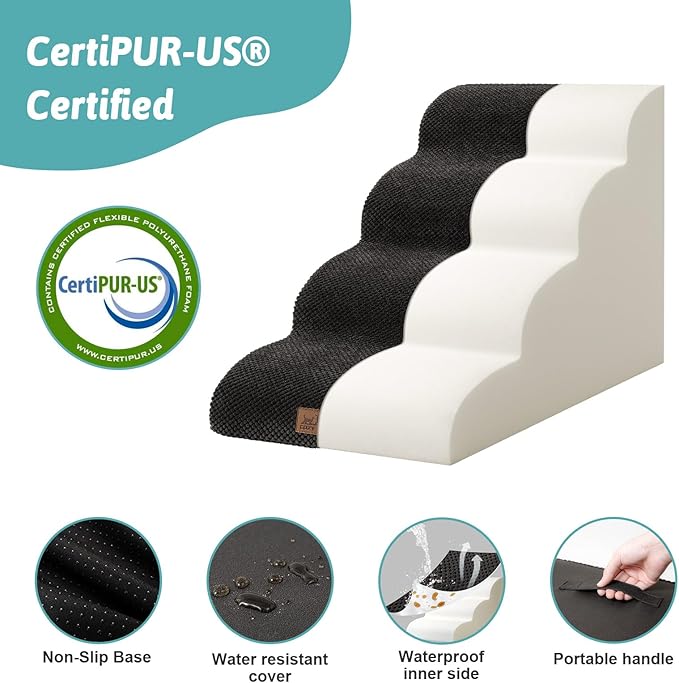 Dog Stairs for Small Dogs 19.7" H, Curved Dog Step for Puppy, Older or Cat, Medium Pet Ramp for Sofa, Couch or Bed, Ladder with High Density Foam, 4 Step, 15.7x28.3x19.7 inch, Black