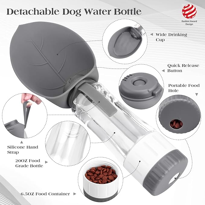 Dog Water Bottle Dispenser for Walking, Pet Water Feeder Container Portable with Drinking Cup Bowl Outdoor Hiking, Travel Large Grey