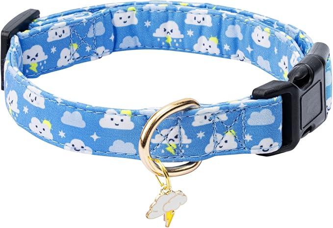 Cotton Dog Collar,Adjustable Cute Puppy Collar with Moon Patterned Design for Small Medium Large Dogs,Soft and Fancy Pet Collar with Safety Buckle for Girl Boy Dogs (Blue Cloud, Medium)