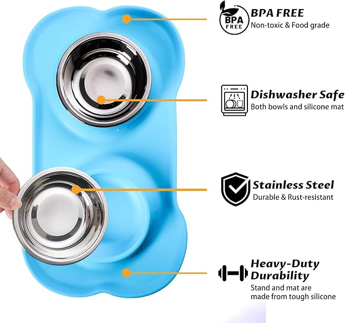 Hubulk Pet Dog Bowls 2 Stainless Steel Dog Bowl with No Spill Non-Skid Silicone Mat + Pet Food Scoop Water and Food Feeder Bowls for Feeding Small Medium Large Dogs Cats Puppies (Medium, Turquoise)