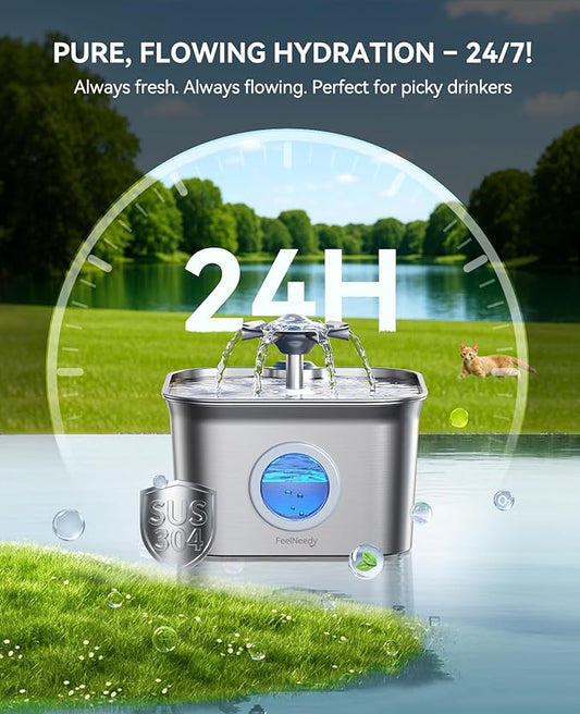 Stainless Steel Cat Water Fountain, 2.8L with 20dB Ultra-Quiet Pump- Ideal for Timid Pets, LED Water Level Window, Dishwasher Safe, 24/7 Circulation- Includes 6 Replacement Filters