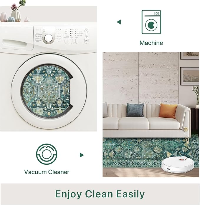 Bavni Washable Rug 6x9 Area Rug for Living Room Bedroom Dining, Washable Vintage Print Carpet, Ultra-Thin Chenille Low Pile Lightweight Rug with Non Slip Backing, Dark Green