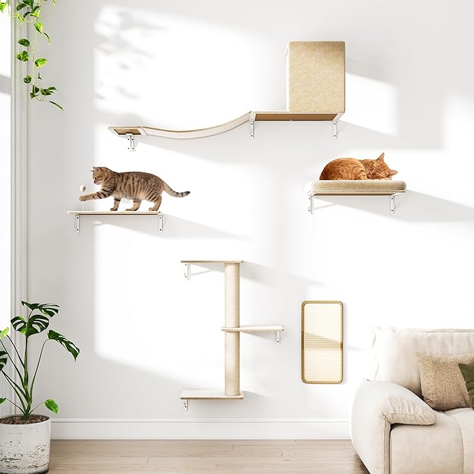 COZIWOW Cat Wall Shelves Set, 5-Piece Wall Mounted Cat Furniture with Cat Tree & Scratching Post, Floating Cat Perches for Indoor Cats（Beige）