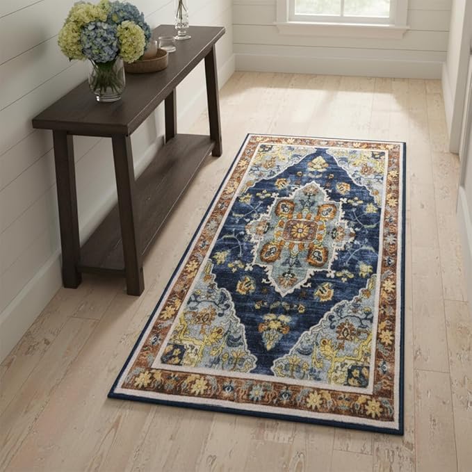 Muddy Mat짰 Mosaic 2ft x 7ft Washable Area Rugs for Living Room, Bedroom & Dining Room ??Modern Soft Low Pile Non Slip Carpet ??Pet Friendly Waterproof Foldable Rugs for Home
