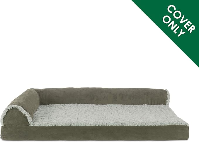 Furhaven Replacement Dog Bed Cover Two-Tone Faux Fur & Suede L Shaped Chaise, Machine Washable - Dark Sage, Large