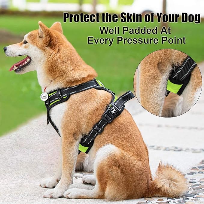 PoyPet No Pull Dog Harness, Reflective Comfortable Vest Harness with Front & Back 2 Leash Attachments and Easy Control Handle Adjustable Soft Padded Pet Vest for Small to Large Dogs (Green,XL)