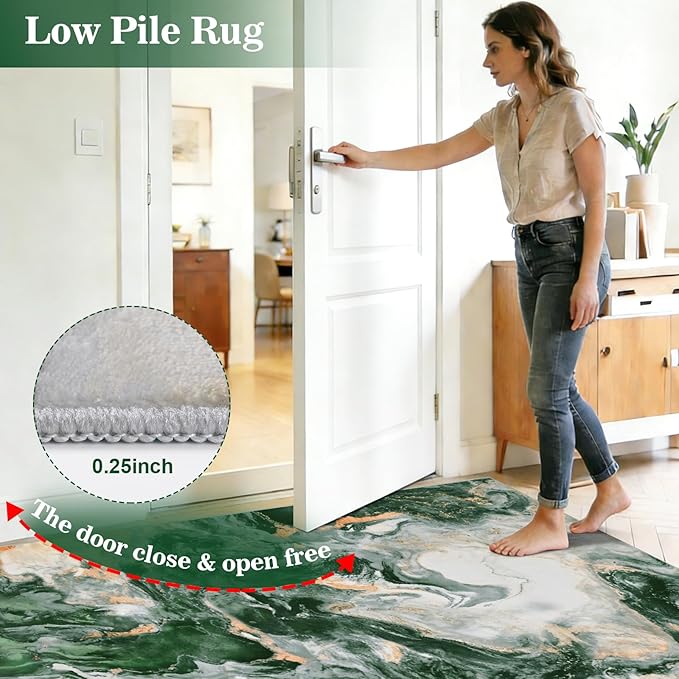 Yinhua 2x7'3 Rug Runners for Hallways, Marble Runner Rug Non Silp, Soft Abstract Kitchen Runner Rugs Non Shedding, Washable Area Rugs Green and Gold, Stain Resistant Carpet for Bathroom Entryway Hall