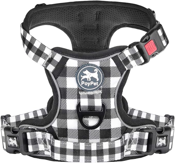 PoyPet No Pull Dog Harness, [Neck Release] Reflective Adjustable No Choke Pet Vest with Front & Back 2 Leash Attachments, Soft Control Training Handle for Small Dogs(Grid,S)