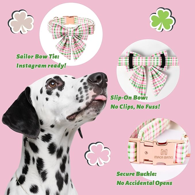 Maca Bates St. Patrick's Day Irish Plaid Dog Collar with Sailor Bow Tie,Cherry Pink Green Gingham Pattern for Large Girl Boy Dogs,Adjustable Durable Soft Collars Gift for Male Female Puppy