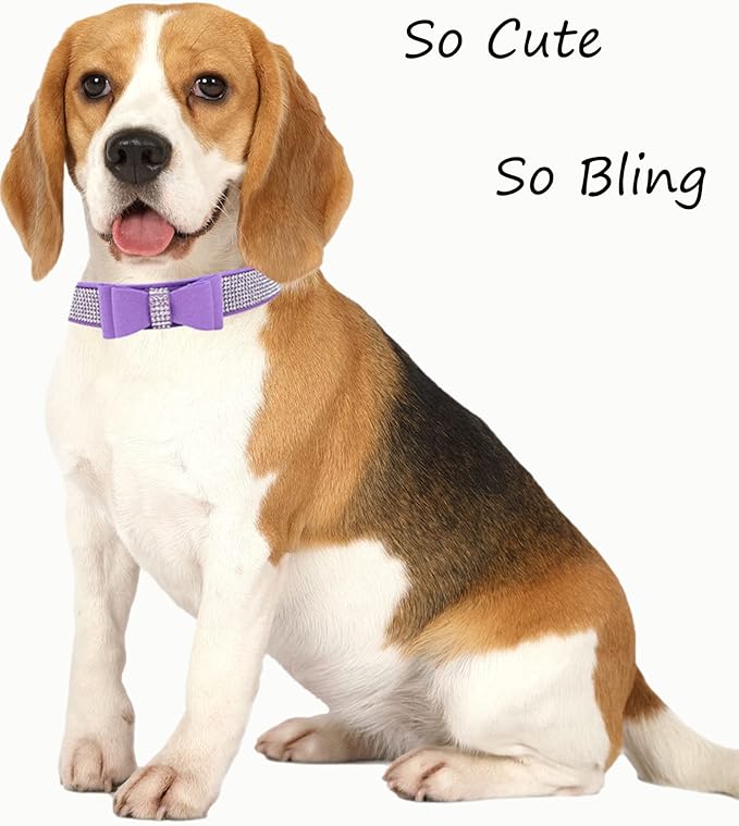 Rhinestone Dog Collar for Small Medium Large Dogs, Adjustable Leather Suede Bling Dog Collars，Diamond Bow Tie Puppy Collars for Boy and Girl.