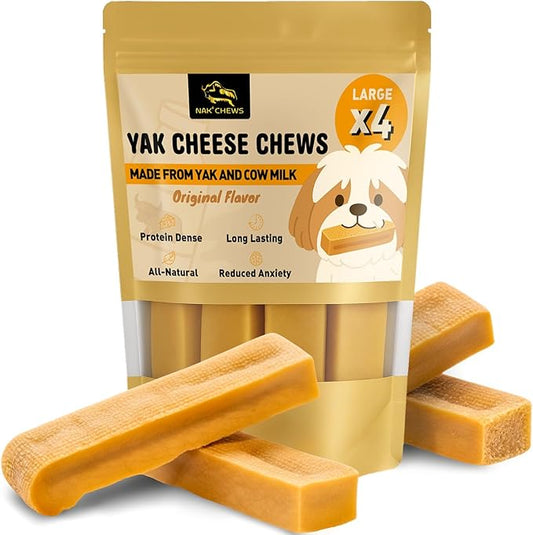 Himalayan Yak Cheese Dog Chews - Natural Healthy & Safe Treat for Large Dogs - Long Lasting Dental Chew Rich in Protein & Calcium - Gluten-Free Lactose-Free - 4 Chews for Large Dogs