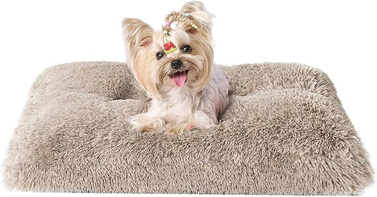 EHEYCIGA Fluffy Dog Crate Bed for Small Dogs, Plush Faux Fur Crate Pad, Calming Anti Anxiety Small Dog Bed, Washable Soft Warm Mat with Non-Slip Bottom, Taupe