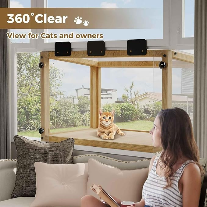 Cat Window Perch Outdoor Enclosure, Wooden Catio Weatherproof Window Box with Clear Acrylic Panels, 360° View Sunbathing Ledge for Indoor Cats
