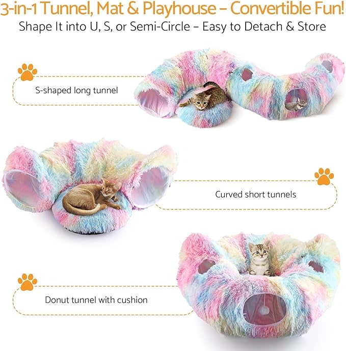 Cat Tunnel Bed, Collapsible Cat Tunnel with Washable Cushion,3-in-1 Multi-Functional Play Tunnel with Peek Holes & Ears, Indoor Playhouse for Cats Kittens Rabbits Small Dogs,Gift for Pet
