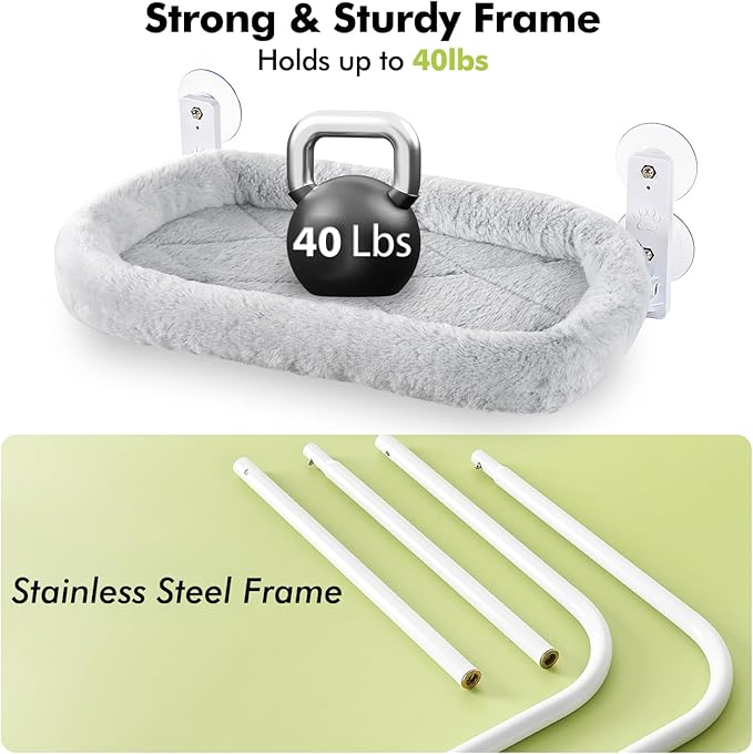 AMOSIJOY Cordless Cat Window Perch, Cat Hammock for Wall with 4 Strong Suction Cups, Solid Metal Frame and Two Replaceable Covers, Foldable Cat Beds for Indoor Cats (Large-Cushion Bed-Gray)