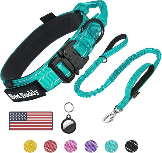 AUBELL Tactical Dog Collar and Leash Set, Reflective Adjustable Heavy Duty Military K9 Collars with Handle and Metal Buckle for Large Dogs, with Airtag Case and 2 Patches(Teal,L)