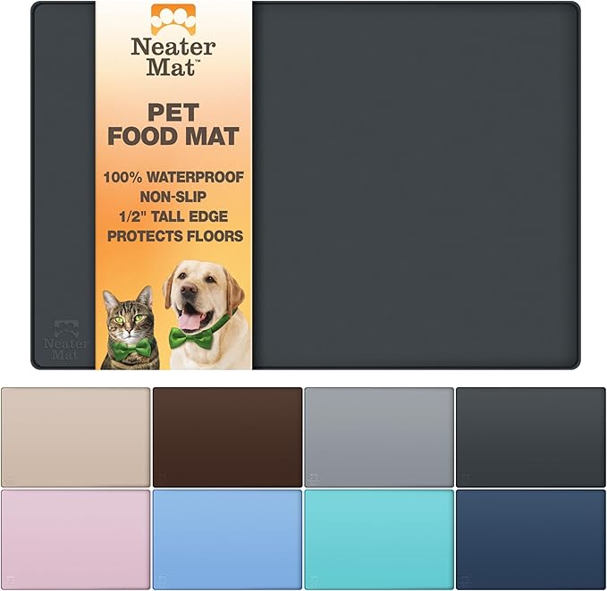 Neater Pet Brands Neater Mat Pet Mats for Food and Water, Cat & Dog Bowl Mat Waterproof Silicone, Feeding Tray, Dog Food Mats for Floors, Placemat w/Raised Edge for Under Bowls, 19” x 12”, Black