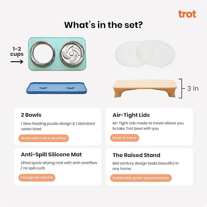 Trot Pets Elevated Dog Bowls | Stainless Steel Raised Bowl Set for Small, Medium, or Large Dogs | Non-Slip Food and Water Slow Feeder | Durable, BPA-Free, Anti-Skid, Dishwasher Safe (Sky, Small)