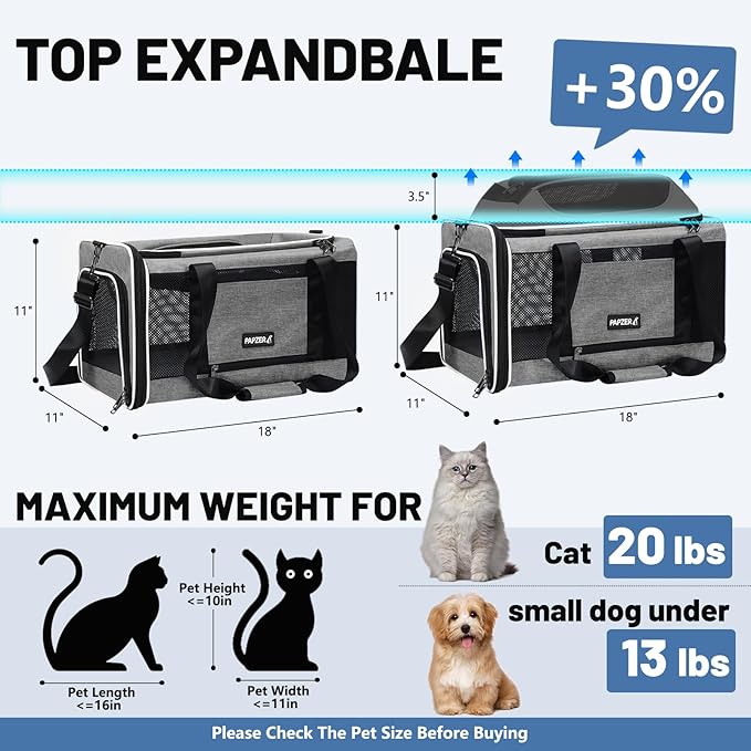 Cat Carrier Top-Expandable 18x11x11, United Delta American Airline Approved Dog Carrier, Soft-Sided Pet Carry Bag Under-Seat in Cabin, Puppy Airplane Travel Crate TSA Plane Kitten Cage Grey