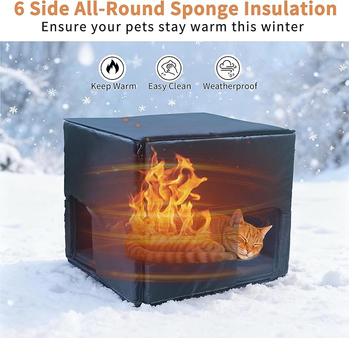 Rockever 100% Insulated Outdoor Cat House with Insulated Liner for Winter, Waterproof Feral Cat House for Outdoor Cats, Plastic Cat House for Outdoor Use with Escape Door, Clean Easily(L,Grey&Liner)