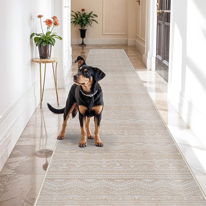 Long Hallway Runner Rugs - 3x16 Washable Runner Rug Low Pile Rug with Non Slip Backing Floor Mat Non Slip Moroccan Indoor Carpet for Kitchen Bedroom Entryway 3x16 Beige