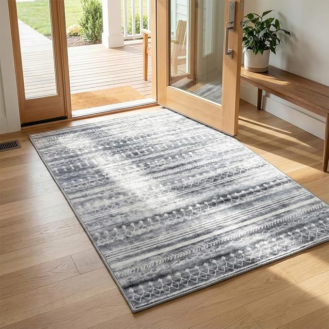 Muddy Mat짰 Greyline 2ft x 3ft Washable Area Rugs for Living Room, Bedroom & Dining Room ??Modern Soft Low Pile Non Slip Carpet ??Pet Friendly Waterproof Foldable Rugs for Home