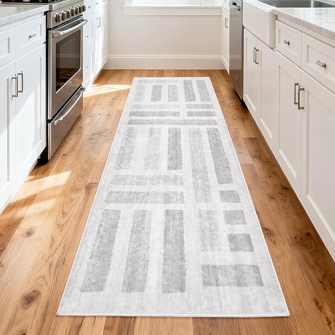 Washable Area Rugs,2x6ft Soft Rug for Living Room and Bedroom Vintage Striped Rug Stain Resistant with Non Slip Backing Geometric Checkered Foldable Print Mat for Home Decor
