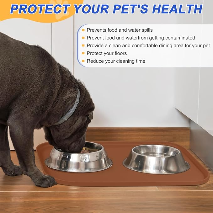 Silicone Pet Feeding Mat with Raised Edge for Food and Water, Dog Bowl Mats, Cat Bowls Placemat with High Lip for Floor Waterproof, Rubber Tray for Cats and Dogs 24 x 16 x0.8 Brown