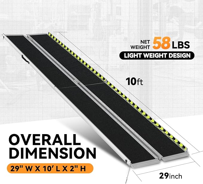 Auto Dynasty Wheelchair Ramp 10FT, Portable Folding Aluminum Wheel Chair Threshold Ramps for Home Steps Doorways, 800Lbs Capacity, 29Inch Width, Metallic/Black