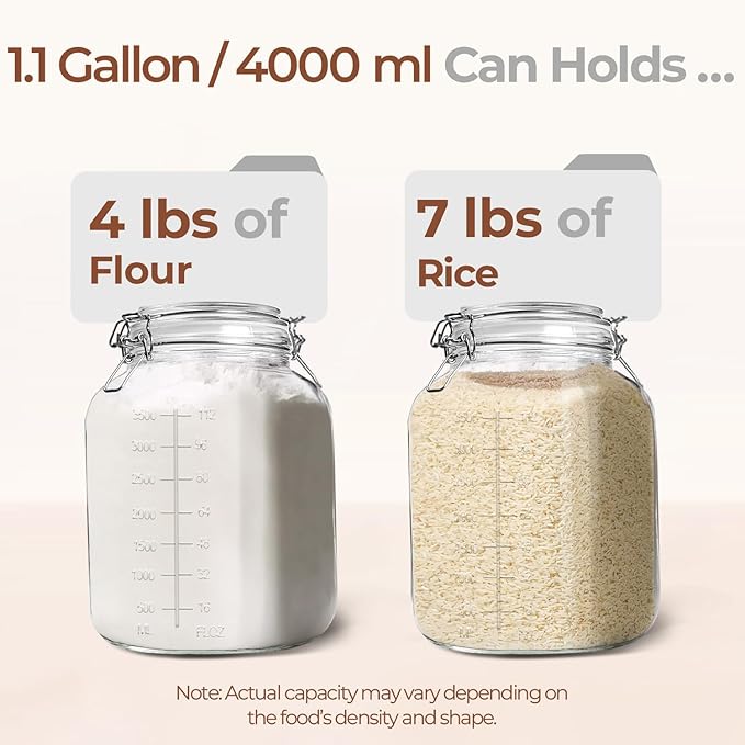 ComSaf Large Glass Storage Containers with Lids, 1.1 Gallon Glass Jar with airtight Lid for Rice, Wide Mouth Mason Jars with Measurement Mark, Flour Sugar Storage Containers 135oz, Set of 2, Square